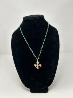Turquoise Stone Beaded Necklace With Gold Cross Charm